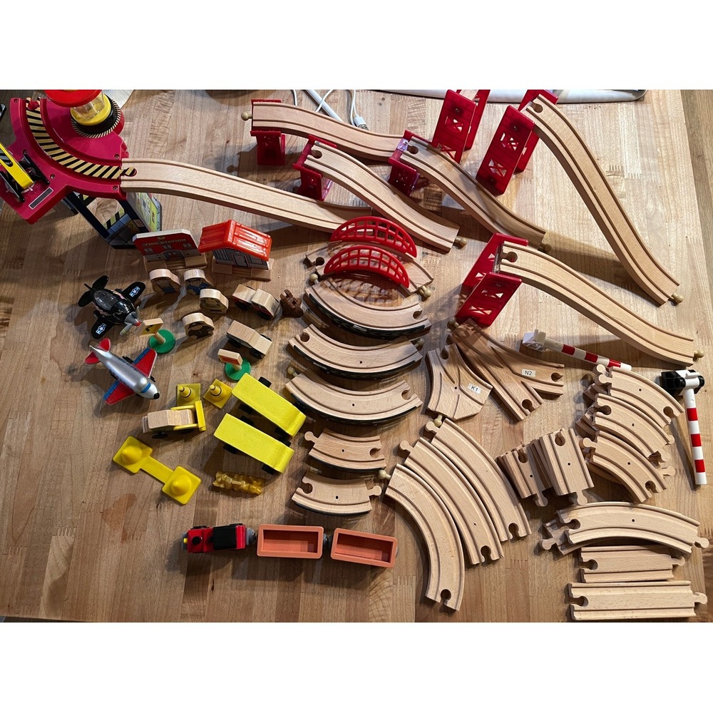 Kidkraft Wooden Train Track Set 70+ Pieces City Rescue Vehicles Planes Bridge
